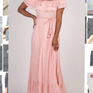 Dress day Pink Ruffled Off-Shoulder Maxi Dress S‎